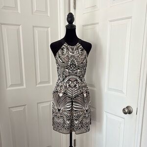 BCBG Maxazria Halter Mosaic Mesh Mini Dress